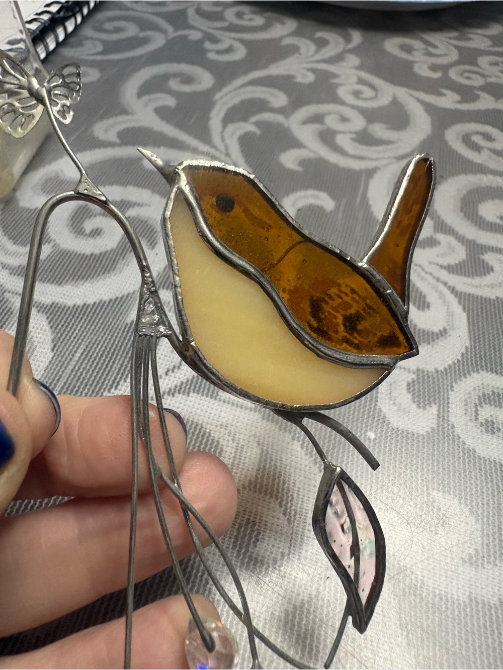 Stained Glass Hanging Bird Ornament - Amber & Cream Robin